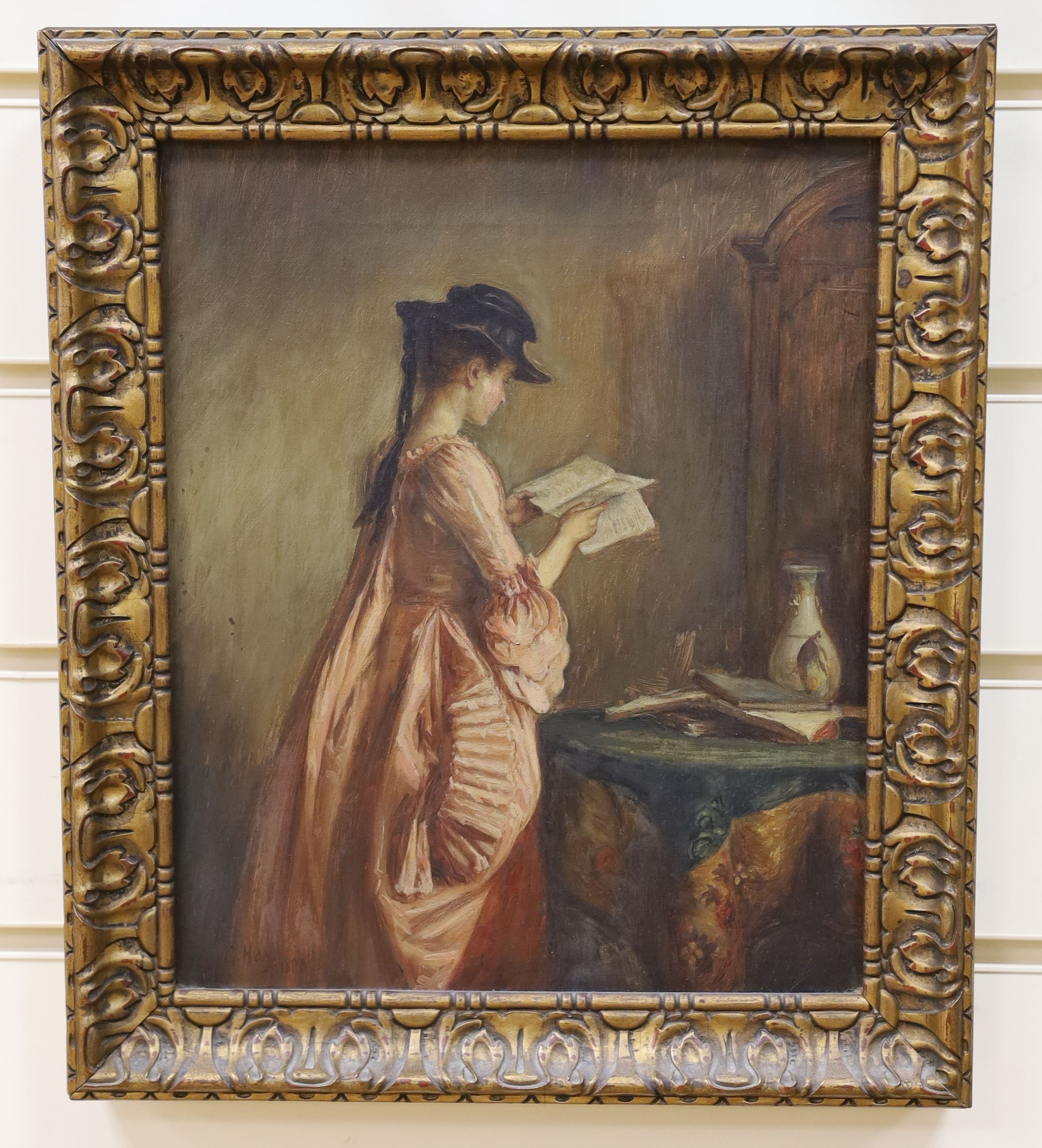 George Hay (1831-1913), oil on canvas, Interior with young lady reading a book, signed and dated 1880, 29 x 24cm